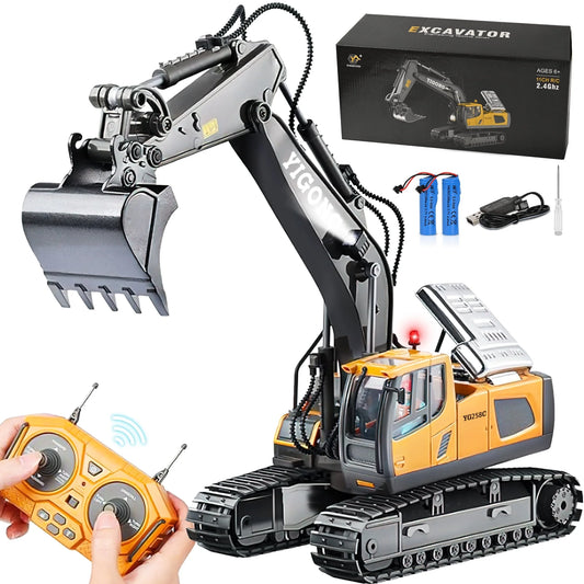 Remote Control Excavator,11 Channel RC Excavator Toys, Rechargeable Construction Vehicle Toys with Lights Sounds,Gifts for Kids 3-12 Years Old