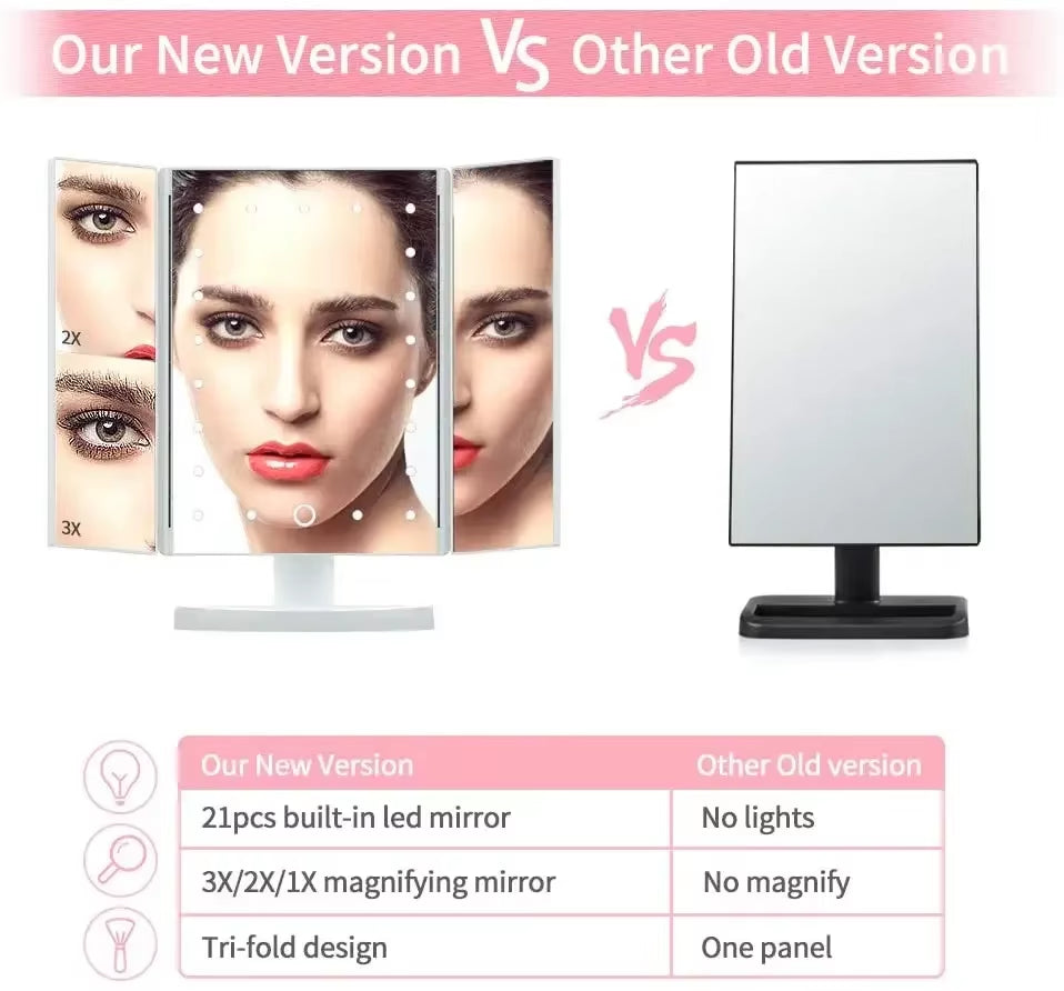 2X 3X Magnification Makeup Mirror Triple Told 22LED Lampstand Vanity Mirror Supports USB and Dry Battery Charging Square Mirror